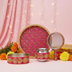 Karwa Chauth Pooja Thali Set karwa thali Decorative Channi, Lota & Thali with Embroidered Work Traditional Diwali Wedding Festival Gift Set
