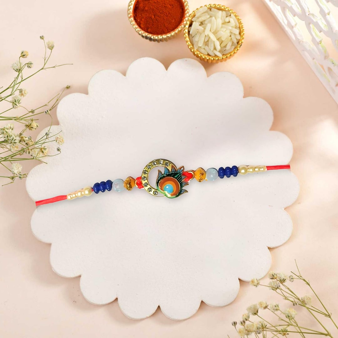 Mor Rakhi Handmade Krishna Mor Pankh Rakhi for Brother – Beaded Raksha Bandhan ...