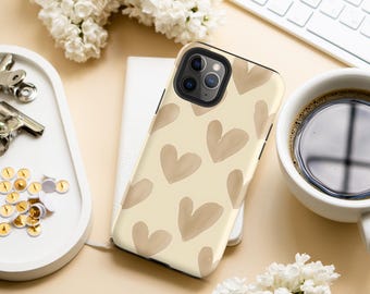 Beige Heart iPhone Case – Aesthetic Minimalist Neutral Phone Cover,  Protective Dual Layer Case