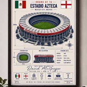 May include: A framed poster titled The Stadium Collection Mexico v England FIFA World Cup 2026 Round of 16 at Estadio Azteca. It features an aerial view of the stadium, technical diagrams, dimensions of 310m by 240m, and match details.