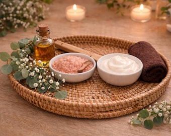 Bandeja de vime para salões de beleza - Porta-ferramentas de manicure, bandeja para toalhas de pedicure, decoração para salão de beleza, organizador de vime natural de 34 cm (13,5")