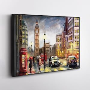Oil painting on Canvas, Street view of London, Artwork, Big ben, Umbrella Canvas Wall Art Home Decor Framed Poster Print