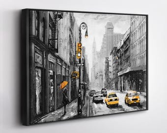 Oil Painting on Canvas, Street View of New York, Illustration New York, Canvas Wall Art Home Decor Framed Poster Print