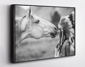 Native cute girl and horse Canvas Wall Art Home Decor Framed Poster Print