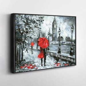 Oil Painting, Street View of London, Artwork, Black, White and Red, Big Ben, Canvas Wall Art Home Decor Framed Poster Print