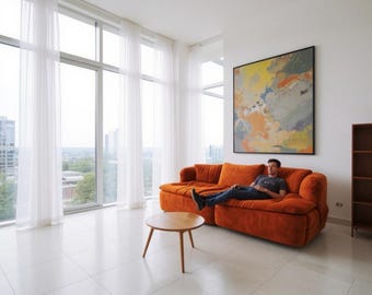 Orangefarbenes modulares Sofa aus Samt, moderne Plüschcouch aus der Mitte des Jahrhunderts, Wohnzimmermöbel, orangefarbener Schnitt