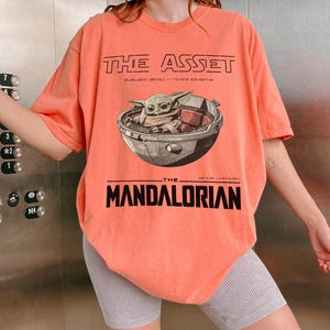 May include: Coral-colored t-shirt featuring a graphic of Grogu in a pod from The Mandalorian. The text "THE ASSET" and "THE MANDALORIAN" are printed above and below the image in black. The shirt has short sleeves and a relaxed fit.