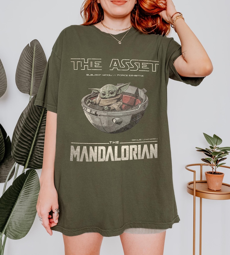 May include: Olive green t-shirt featuring a graphic of Grogu in a pod, with the text "THE ASSET" and "THE MANDALORIAN" in white. The shirt has a relaxed fit and short sleeves.