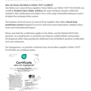 May include: A document titled Frequently asked questions regarding fabric composition and OEKO-TEX STANDARD 100 certification. It includes text about spandex content, bamboo-derived viscose, and a redacted copy of a textile company certificate.