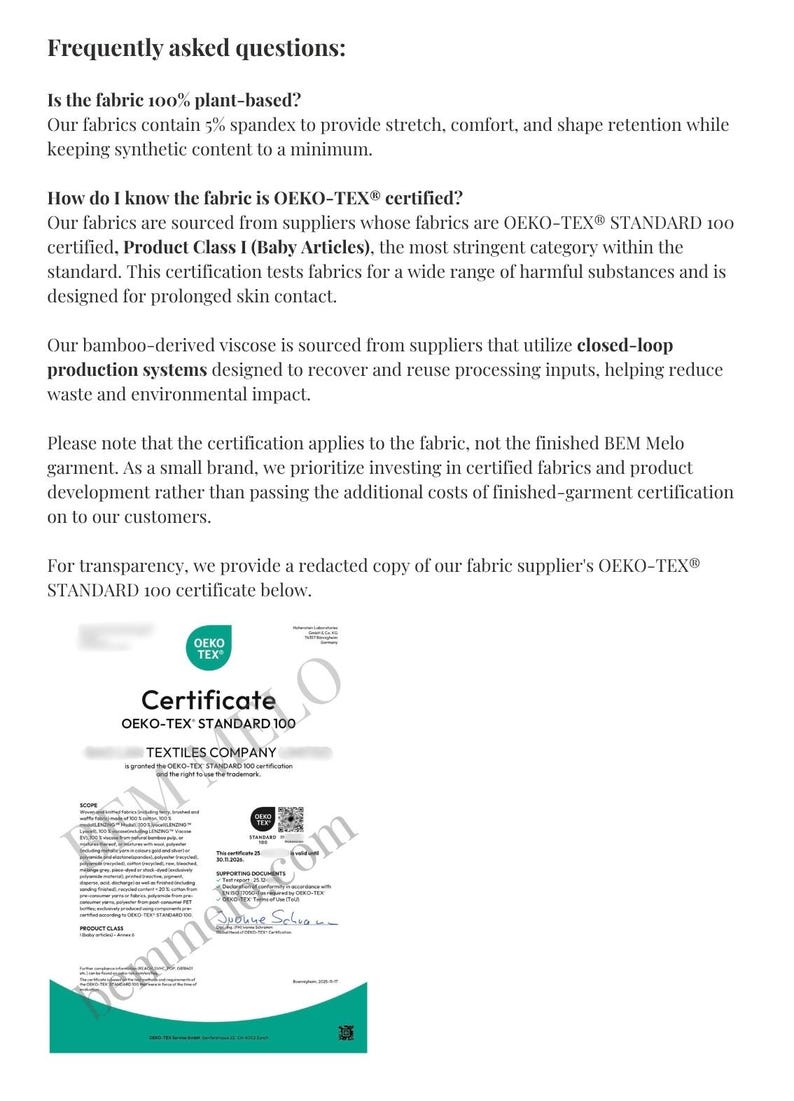 May include: A document titled Frequently asked questions regarding fabric composition and OEKO-TEX STANDARD 100 certification. It includes text about spandex content, bamboo-derived viscose, and a redacted copy of a textile company certificate.