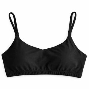 May include: A black bralette with adjustable spaghetti straps and a V-neckline. The bralette has a wide elastic band at the bottom for support and comfort. The fabric appears to be a soft, solid color.