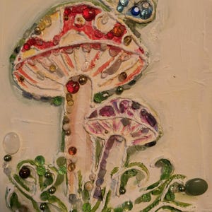 Mushroom Acrylic Painting With Gems Mixed Media