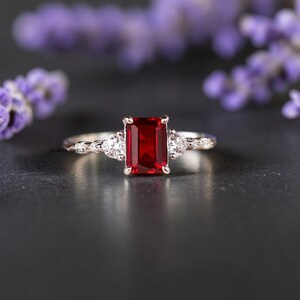 Lab Grown Ruby Ring, Emerald Cut Ruby Ring, 925 Sterling Silver, CZ Accent Ring, July Birthstone Ring, Promise Ring, Gift for Her