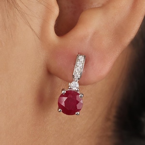 Ruby Sterling Silver Earrings: Round Faceted Gemstone Jewelry