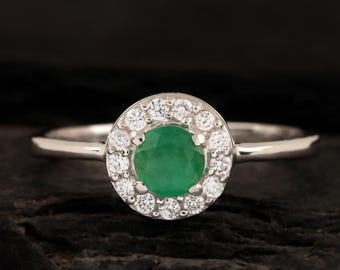 Round Emerald Halo Ring, 925 Sterling Silver, May Birthstone Engagement Promise Ring