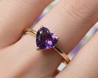紫色の宝石ハート型天然アメジストリング14Kゴールド婚約指輪2月の 