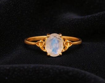 Anillo ovalado de piedra lunar arcoíris, piedra de nacimiento de junio, plata de ley 925 y oro, anillo de promesa celestial