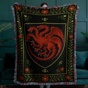 Couverture tissée dragon, jeté de tapisserie médiéval-fantastique, décoration d&#39;intérieur héraldique gothique, couverture 100 % coton, cadeau M&D, couverture fantastique, conte de fées