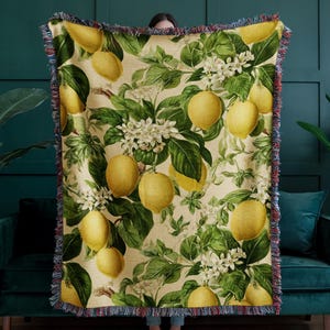 Lemon Tree Woven Blanket Tapestry, Citrus Floral Cotton Throw, Mediterranean Decor, Rustic Farmhouse Summer Home Accent, Floral Sofa Cover