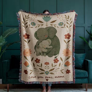 Mama Elefant gewebte Decke, süßes Geschenk für Mama von Kindern, Muttertagsüberwurf, nachdenkliche personalisierte Tierdecke, gemütliches Wohndekor