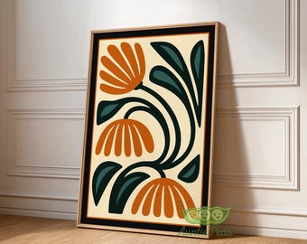 Retro Floral Wall Art, Abstract Mid Century Botanical Poster, Vintage Flower Print, Modern Boho Home Decor, Scandinavian Folk Art