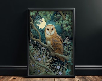 Barn Owl Wall Art, Dark Botanical Wildlife Print, Moon Bird Poster, Vintage Nature Artwork, Moody Cottagecore Decor, Dark Academia Wall Art