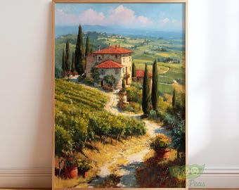 Toscaanse wijngaardkunst aan de muur, poster Italiaans platteland, rustiek boerderijdecor, mediterraan landschapsschilderij, cottagecore zomerkunstwerk