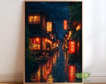 Rainy Japanese Street Art Print, Lantern Alley Wall Decor, Night Cityscape Painting, Japanese Urban Wall Art, Cozy Anime Style Wall Art