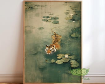 Japanese Swimming Tiger Wall Art, Vintage Water Lily Art, Emerald Nature Poster, Lotus Pond Animal Decor, Zen Botanical Wall Art