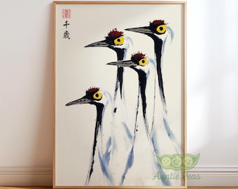 Abstrakt tranaväggkonst, japansk bläckmålning, minimalistisk fågeltryck, orientalisk akvarellkonstverk, zenheminredning, vintage asiatisk affisch