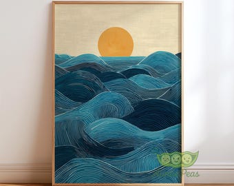 Cuadro decorativo de olas del océano y el sol, lámina japonesa del horizonte solar, obra de arte minimalista Ukiyo-e del mar, póster costero zen, decoración de paisaje de olas azules.