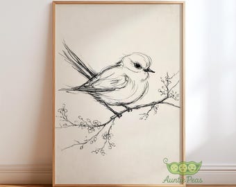 Vintage vogel schets kunst aan de muur, minimalistische lijntekening print, rustieke boerderij vogel decor, lente natuur illustratie, beige botanische poster