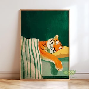 Sleeping Tiger Wall Art, Emerald Green Animal Print, Modern Aesthetic Decor, Cozy Tiger Illustration, Trendy Whimsical Animal Artwork