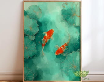 Koi-Fisch-Wandbild, japanischer Aquarelldruck, Zen-Teich-Gemälde, asiatisch inspirierte Wohndekoration, türkis-orangefarbenes Kunstwerk, Poster mit beruhigender Naturmotiv