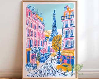 Paris France Wall Art, Colorful Cityscape Print, French Cafe Illustration, Trendy Travel Poster, Hand Drawn Paris Street Decor, Preppy Print