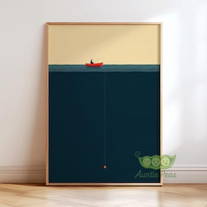 Peut inclure: Une affiche encadrée représentant une scène de pêche minimaliste. Un petit bateau rouge avec une personne est sur la surface de l'eau, avec une ligne de pêche s'étendant dans les profondeurs bleu foncé. Une petite sphère orange est au bout de la ligne.