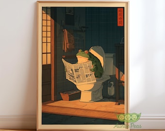 Japanese Frog Bathroom Print, Funny Frog Wall Art, Modern Ukiyo-e Style, Whimsical Japanese Illustration, Vintage Japandi Bathroom Decor
