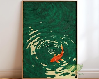 Koi Fish Wall Art, Japanese Minimalist Zen Water Print, Japandi Zen Meditation Decor, Traditional Fish Nature Artwork, Calm Green Poster