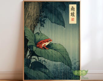 Japanese Frog Wall Art, Ukiyo-e Rainforest Print, Red Frog on Leaf Poster, Vintage Asian Nature Decor, Calm Japandi Botanical Artwork