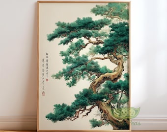 Japanese Pine Tree Wall Art, Ancient Nature Poster Print, Zen Botanical Decor, Vintage Oriental Tree Painting, Calm Asian Landscape Artwork