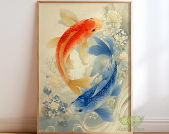 Koi Fish Wall Art, Japanese Yin Yang Poster, Asian Inspired Home Decor, Tranquil Watercolor Print, Zen Minimalist Artwork, Japandi Decor