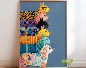 Colorful Patterned Cats Poster, Modern Cat Stack Wall Art, Vibrant Animal Illustration Print, Trendy Home Decor, Playful Colorful Cat Art