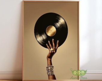 Vintage Vinyl Record Art Print, Retro Music Poster, Mid Century Modern Wall Art, Trendy Home Bar Decor, Classic Record Gift, Gold Chic