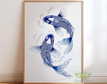 Blue Koi Fish Wall Art, Japanese Minimalist Print, Elegant Zen Home Decor, Vintage Japanese Style Artwork, Modern Oriental Koi Poster Gift