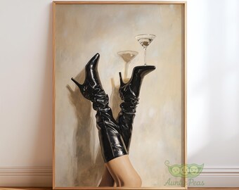 Martini en hakken muurkunst, vrouwelijke cocktailposter, fashion glamour print, modern bardecor, stijlvolle kunst aan de muur hoge hak, chique loungekunst