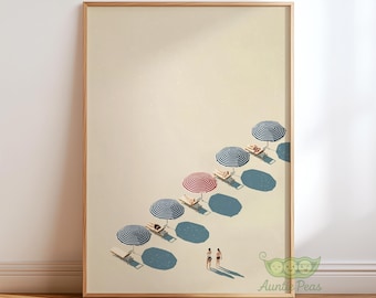 Minimalist Beach Wall Art, Coastal Umbrella Print, Modern Summer Poster, Ocean View Illustration, Relaxing Seaside Decor, Coastal Home Art