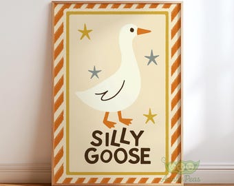 Silly Goose Wall Art, Whimsical Nursery Print, Playful Animal Poster, Kids Room, Fun Farmhouse Decor, Cute Goose Artwork Gift, Cottagecore