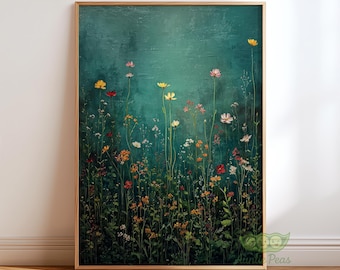 Wildflower Meadow Wall Art, Botanical Flower Field Print, Dark Cottagecore Nature Poster, Moody Rustic Farmhouse Decor, Green Floral Artwork