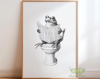 Retro Frosch auf Toilette Druck, lustiges Badezimmer Wandbild, schrulliges Frosch Poster, wunderliches Tier Kunstwerk, spielerisches Vintage Dekor, Retro Toilettenkunst