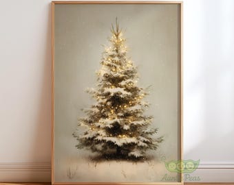 Vintage Christmas Tree Wall Art, Neutral Holiday Print, Snowy Winter Tree Painting, Rustic Christmas Decor, Cozy Cabin Christmas Artwork